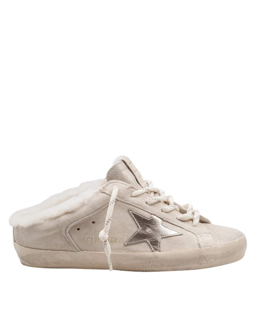 Golden Goose Super Star Double-Quarter Suede Mules In White And Platinum