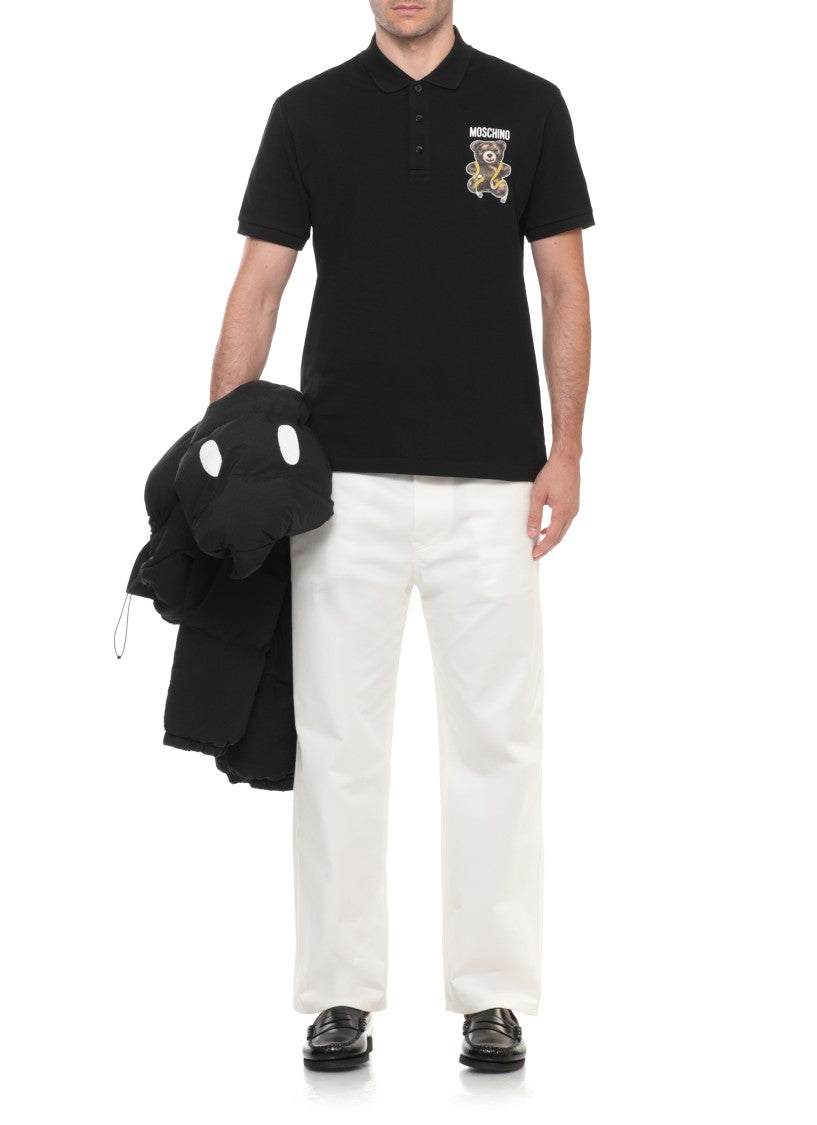 Moschino Black Teddy Bear Print Cotton Polo Shirt