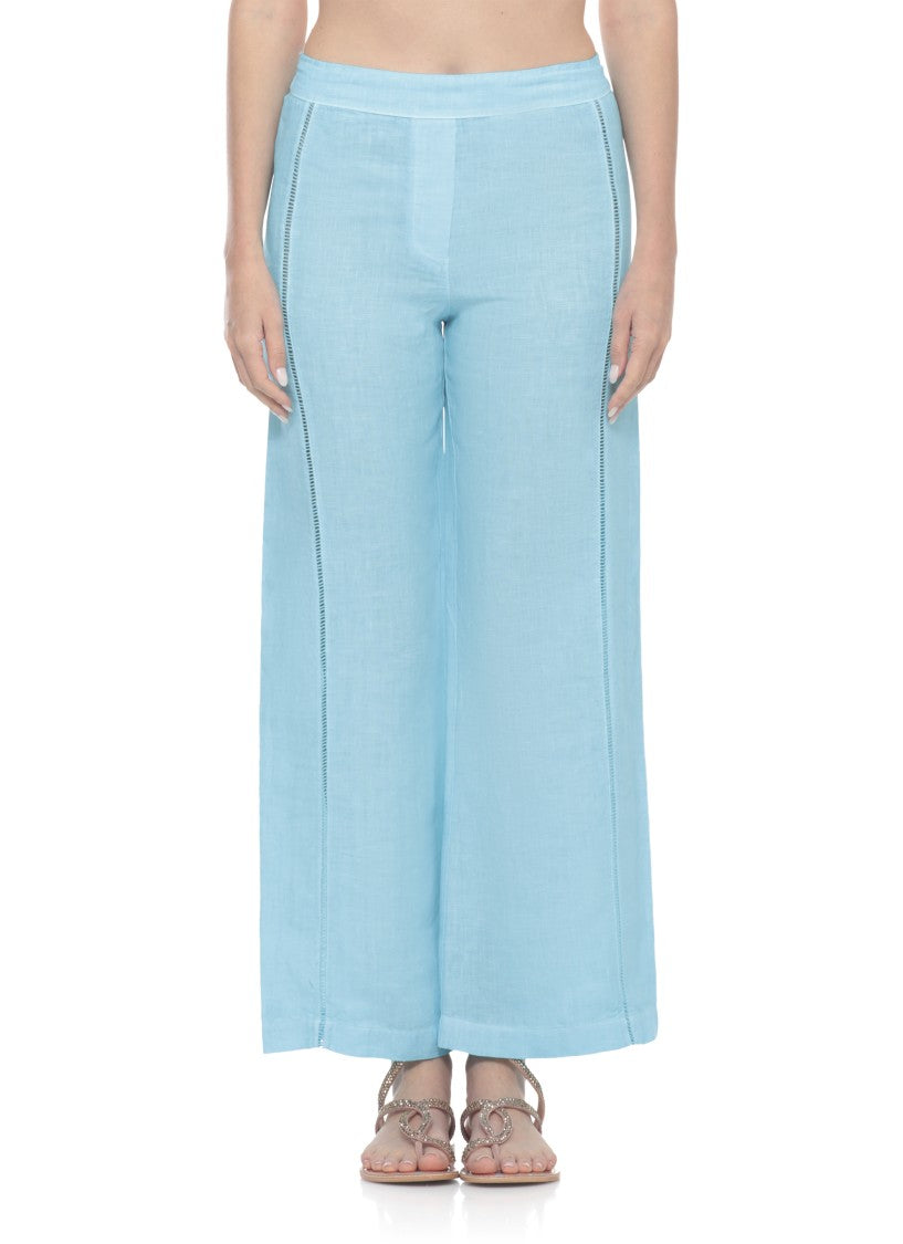 120% Lino Light Blue Cut-Out Linen Straight-Leg Pants