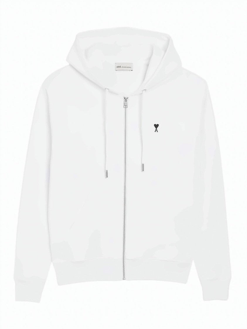 Ami Paris White Zip-Up Hoodie With Drawstring Hood