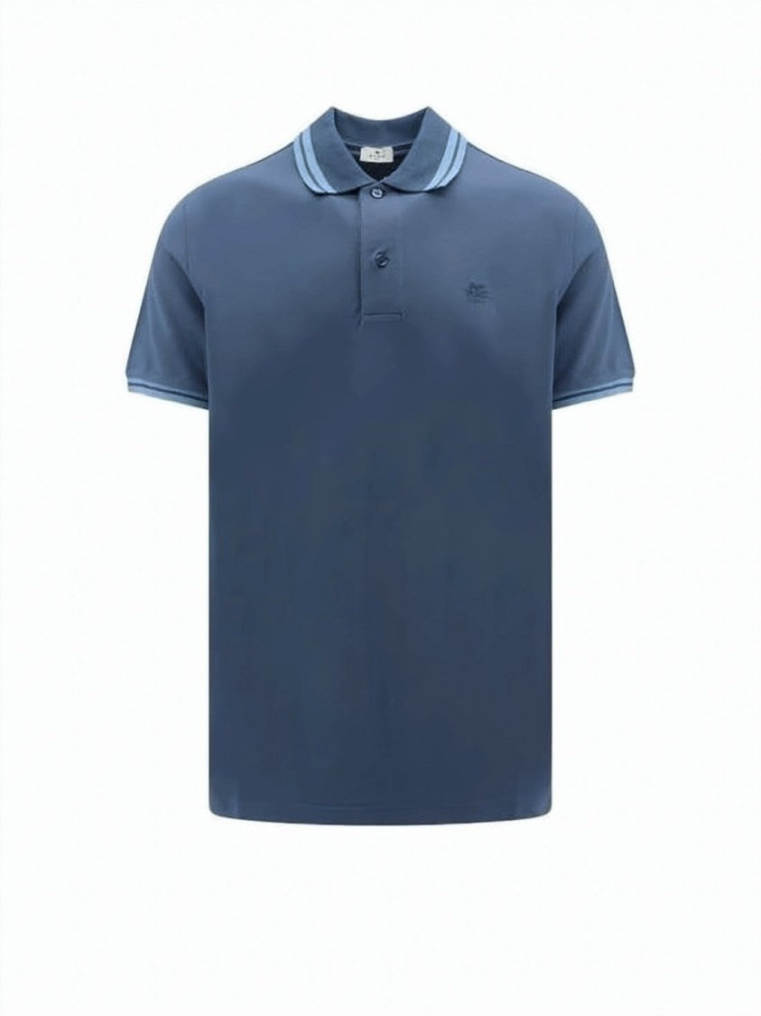 Etro Solid Blue Polo Shirt With Contrasting Stripe Details