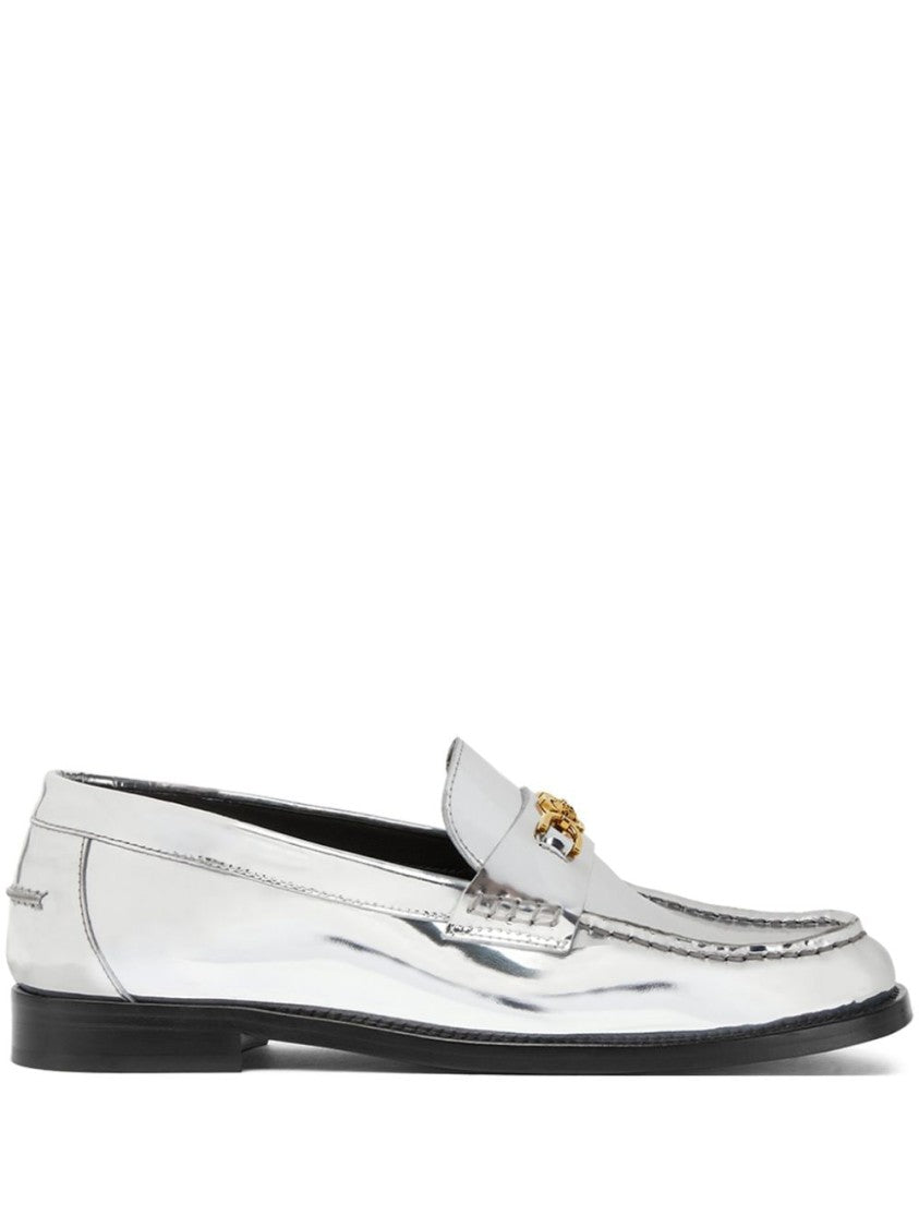 Versace Silver-Tone Lambskin Flats With Medusa Plaque