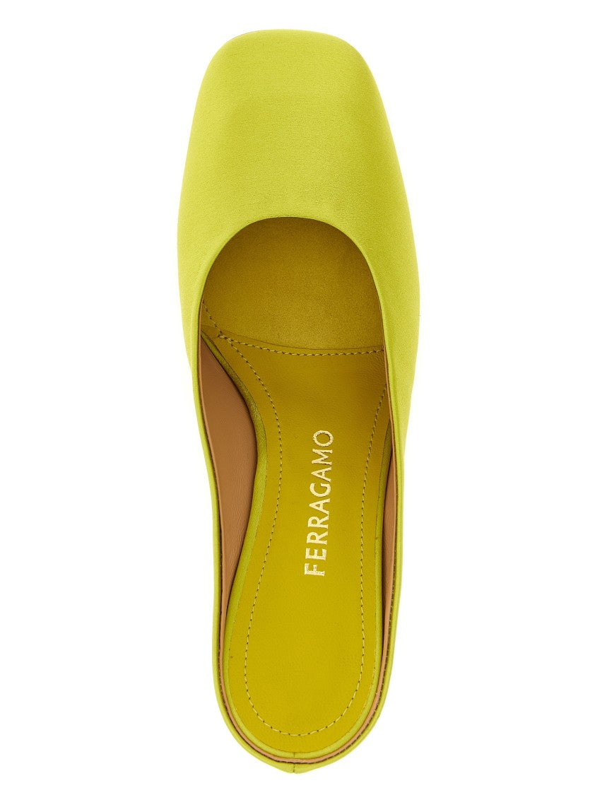 Ferragamo Satin Mules With Sculptural Golden Heel