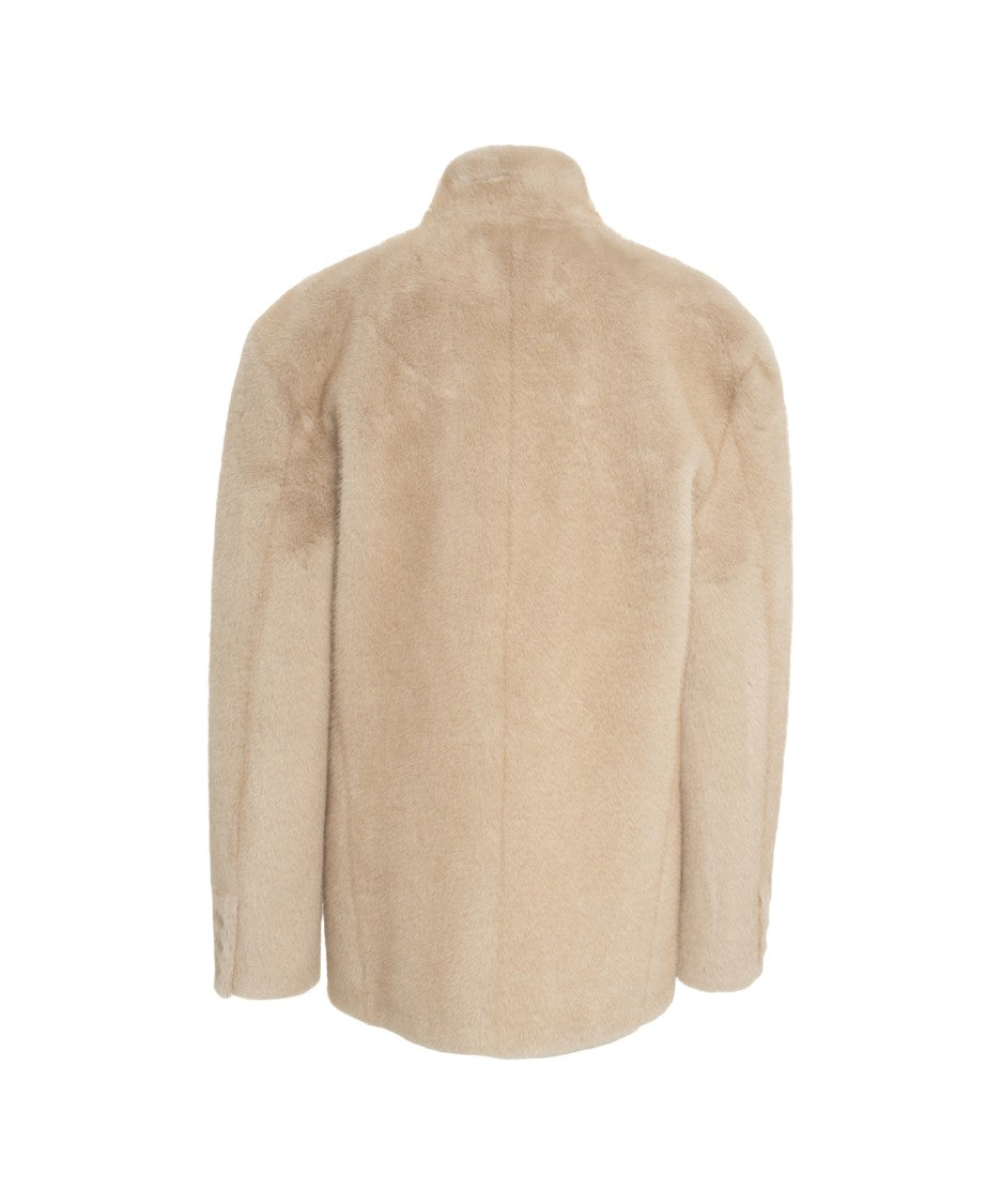 Forte Dei Marmi Couture Beige Faux Fur Jacket With Notch Collar