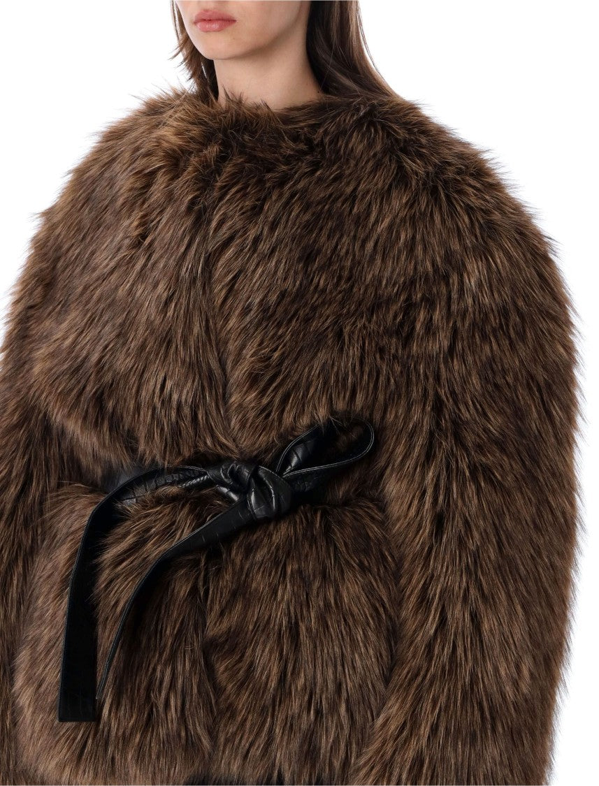 Magda Butrym Eco-Fur Belted Round Neck Jacket