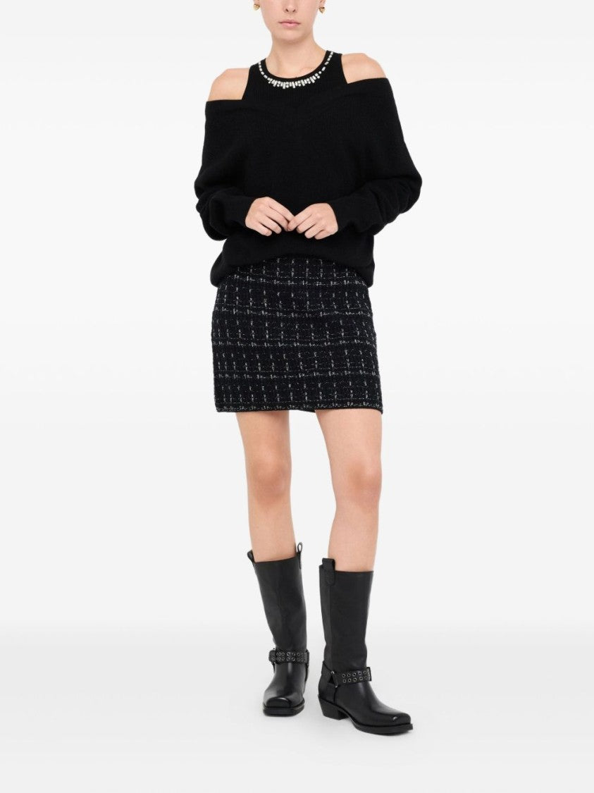 Liu Jo Off-Shoulder Black Knit Sweater With Elegant Embellishments