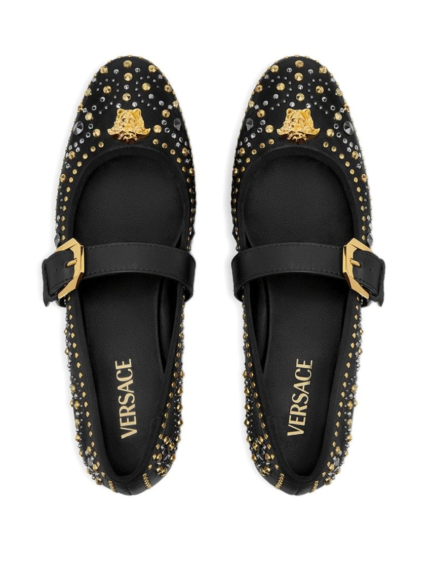 Versace Studded Black Flats With Gold Medusa Detail