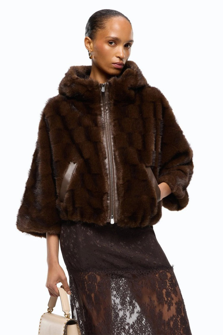 Pinko Brown Polyester Fur-Effect Hooded Jacket