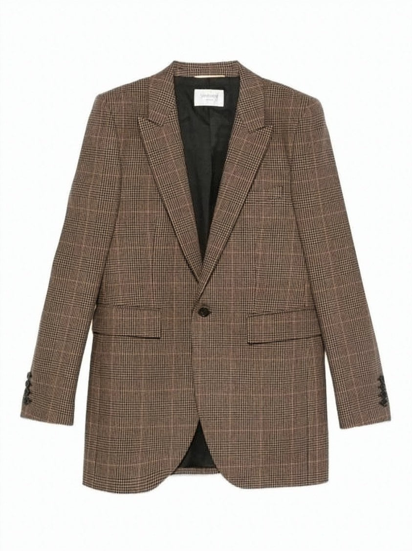 Saint Laurent Brown Check Wool-Cashmere Blazer With Notched Lapels