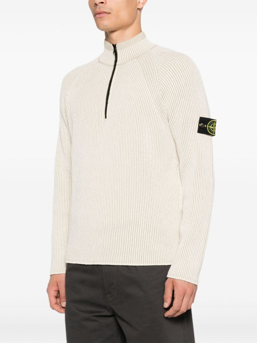 Stone Island Ribbed Half-Zip Sweater In Avorio