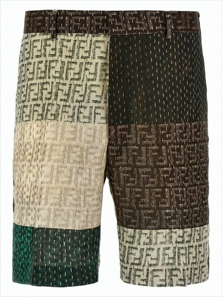 Fendi Patchwork Textured Linen Shorts With Buttoned Pockets
