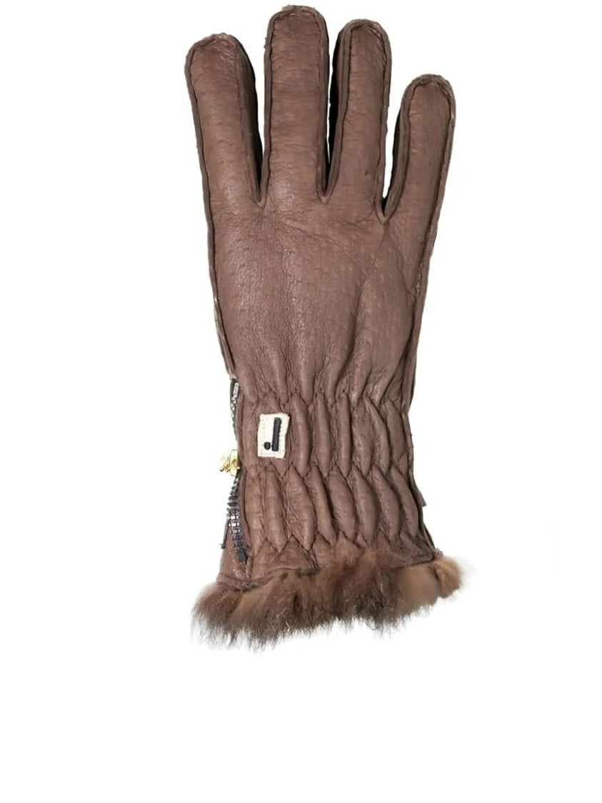 Restelli Brown Peccary Opossuy Fur-Trim Gloves