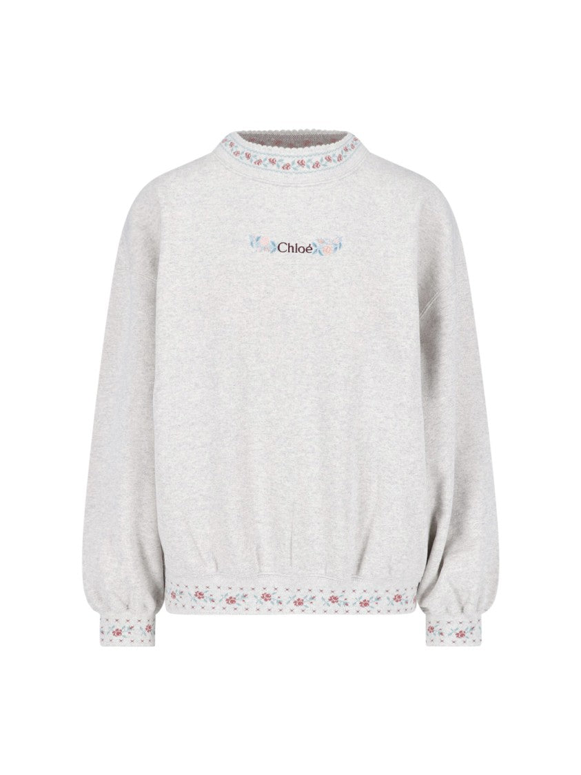 Chloé Light Grey Cotton Sweatshirt With Floral Embroidery