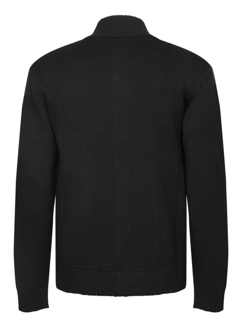 Zanone Ribbed Black Cardigan With High Neck And Pockets