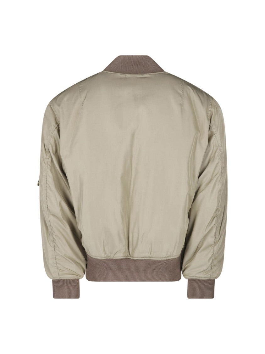 Auralee Green Silk Twill Shearling Bomber Jacket