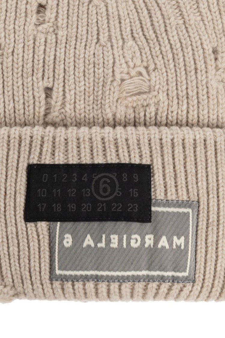 Mm6 By Maison Margiela Ribbed Knit Beanie With Folded Cuff And Decorative Patches
