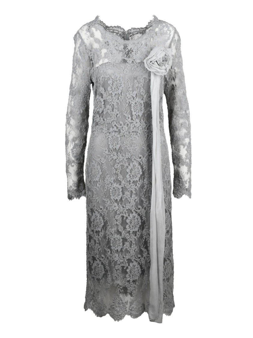 Ermanno Scervino Grey Floral Lace Silk Slip Dress
