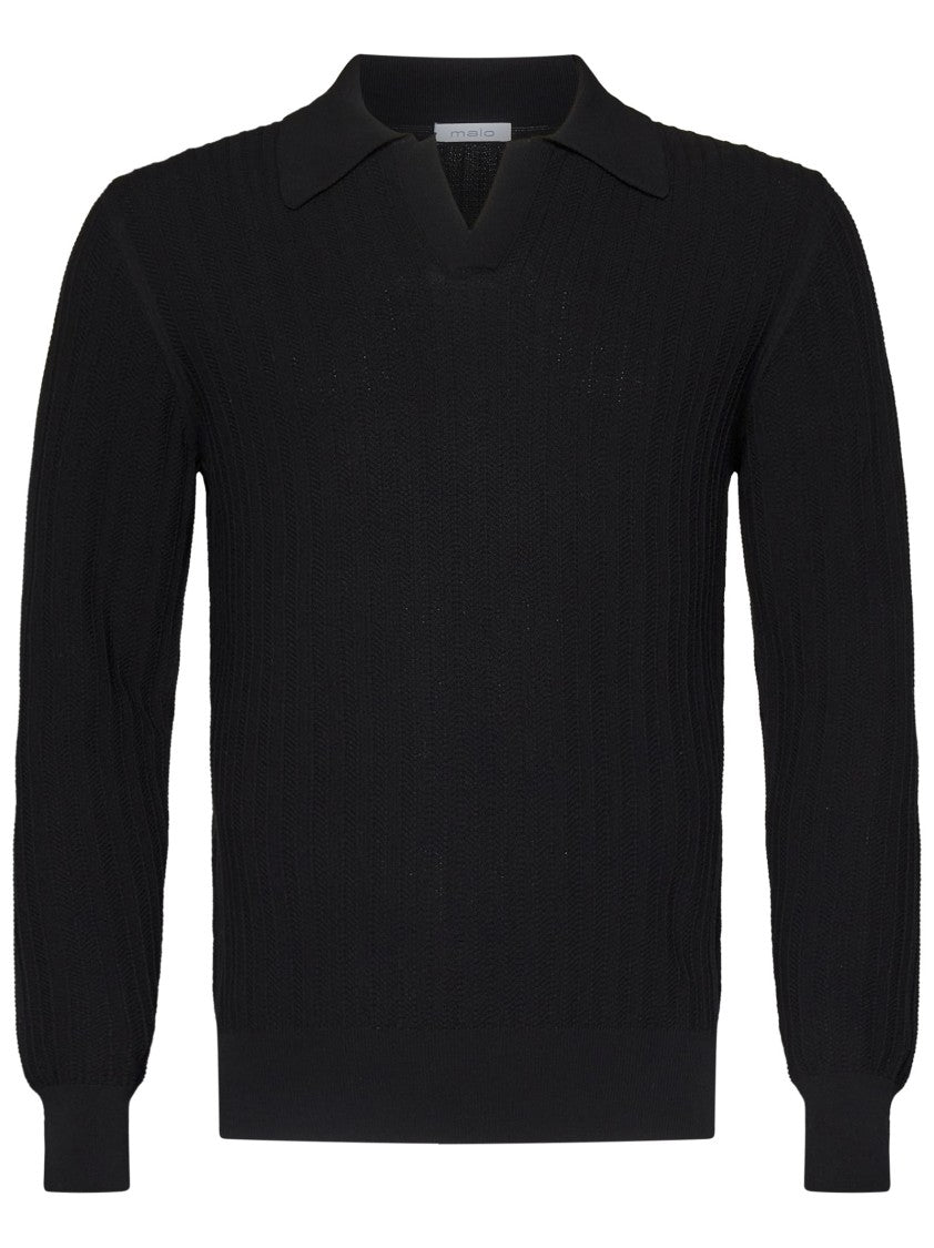 Malo Textured Herringbone Stitch Black Polo Shirt