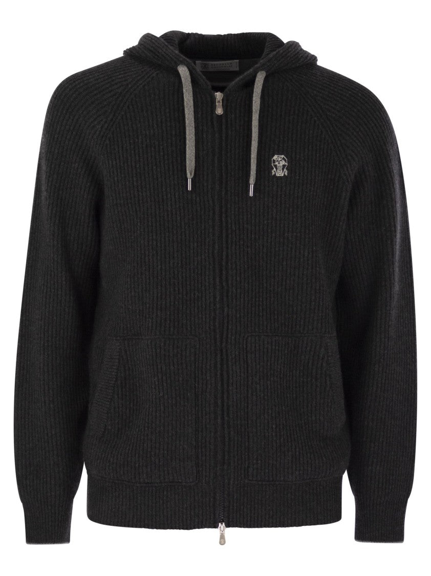 Brunello Cucinelli English Rib Cashmere Knit Hooded Topwear