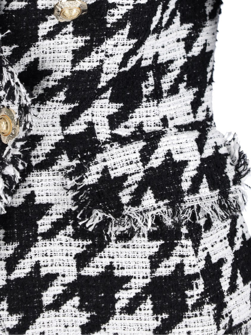 Balmain Double-Breasted Houndstooth Blazer With Frayed Design