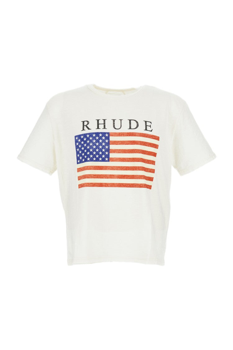 Rhude White Usa Flag Slub Cotton T-Shirt