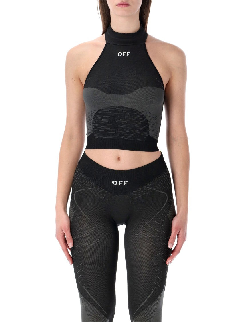 Off-White Halter-Neck Active Top With Jacquard Detailing