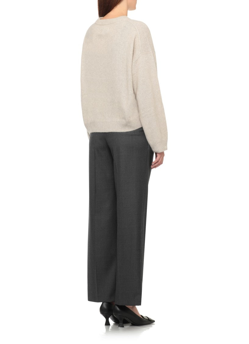 Loulou De Saison Tristan Beige Round Neck Ribbed Wool-Blend Sweater