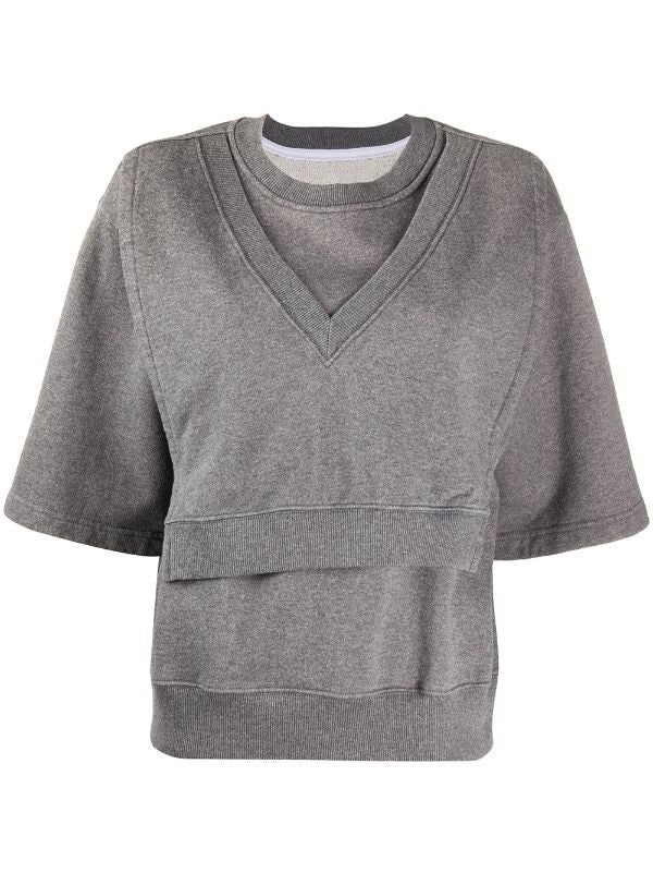 Mm6 By Maison Margiela Cropped Layered V-Neck Sweatshirt With Textured Detailing