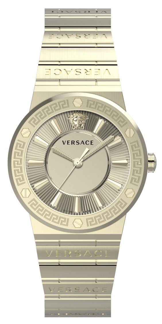 Versace Greca Logo 38 Mm Swiss Quartz Watch With Gold Dial And Bracelet