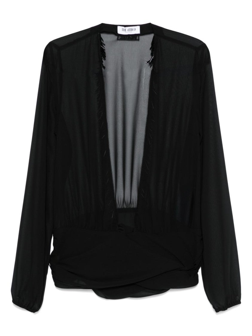 The Attico Sheer Black Blouse With Fringe Detail
