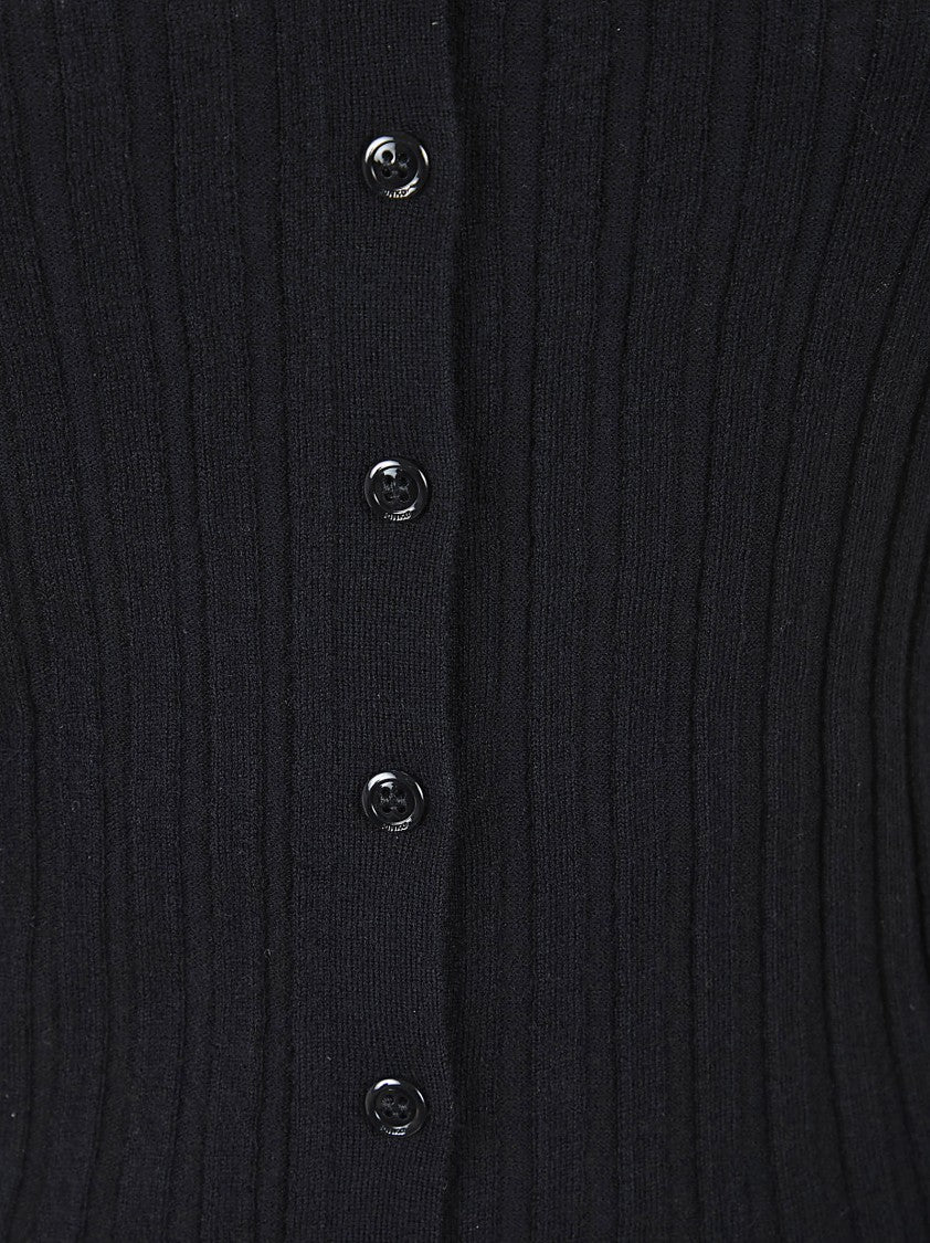 Pinko Ribbed Black Cardigan In Wool-Silk-Cashmere Blend