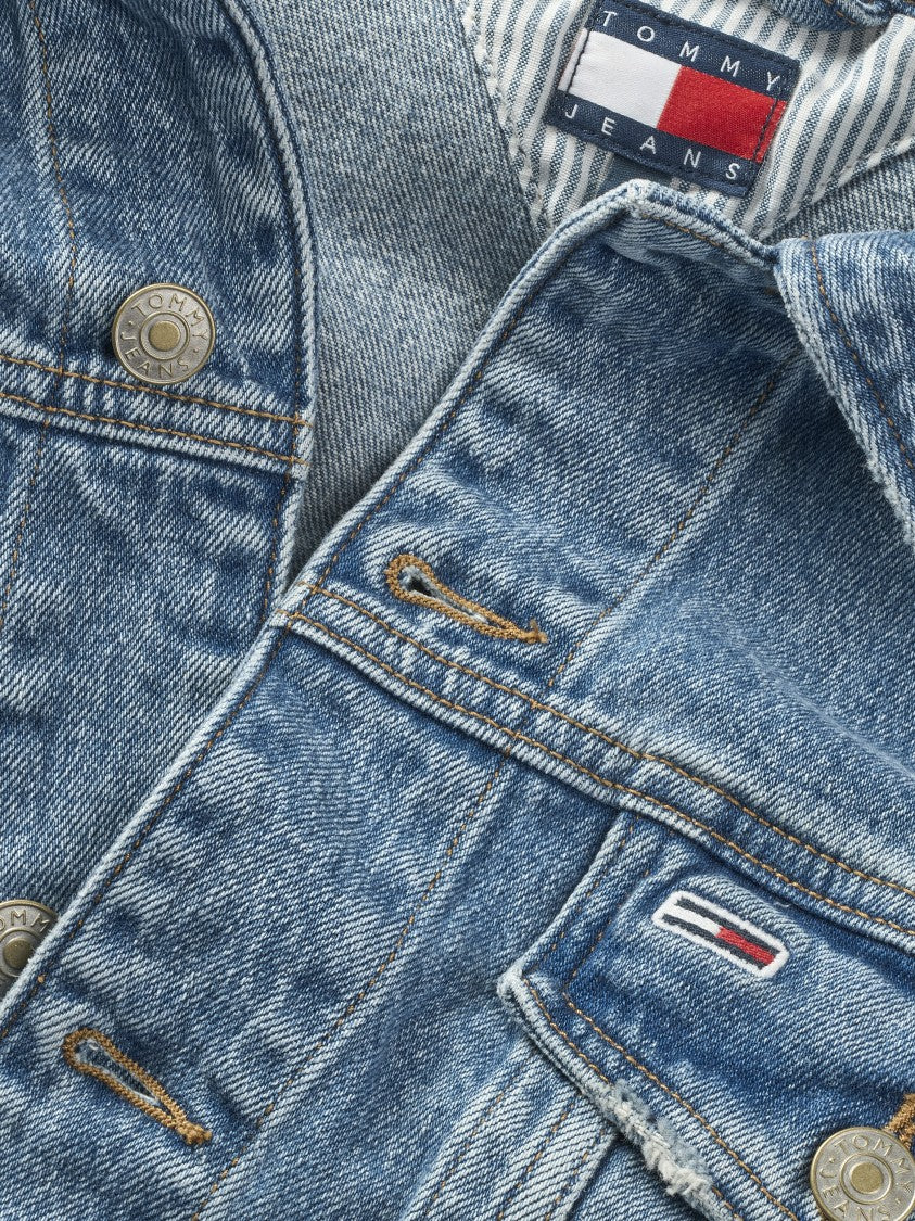 Tommy Jeans Distressed Denim Trucker Jacket With Chest Pockets