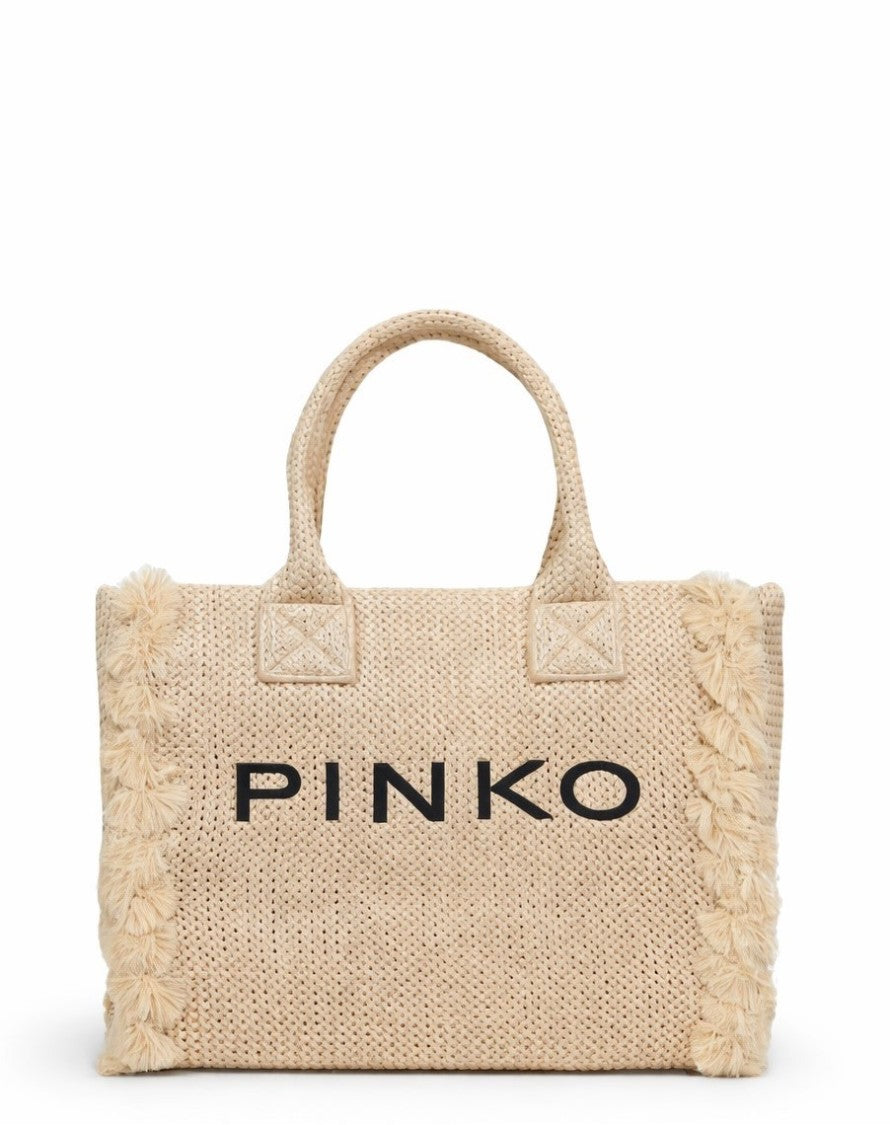 Pinko Beach Shopper Embroidered Raffia Bag