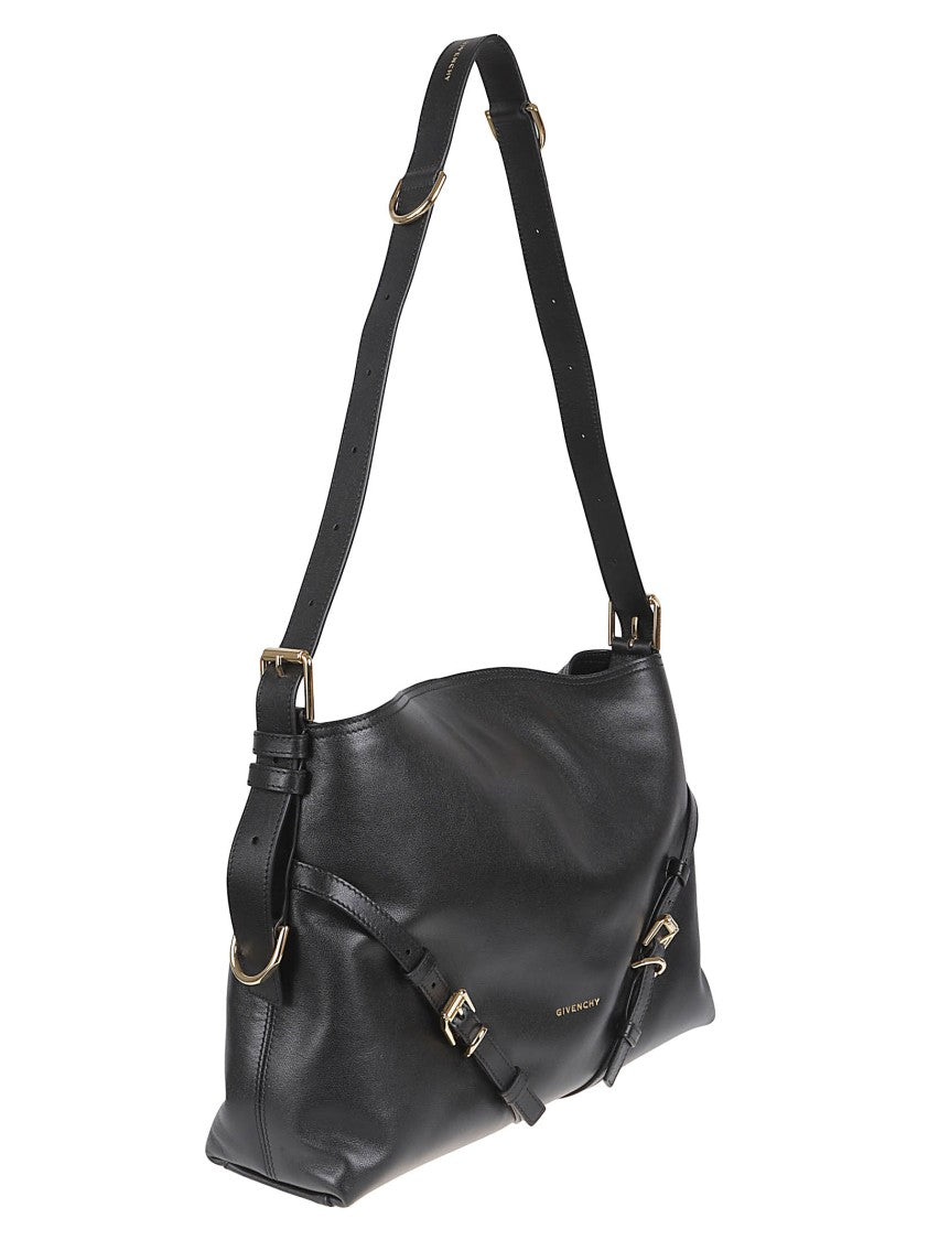 Givenchy V-Shaped Black Leather Shoulder Bag With Adjustable Strap And Gold Hardware