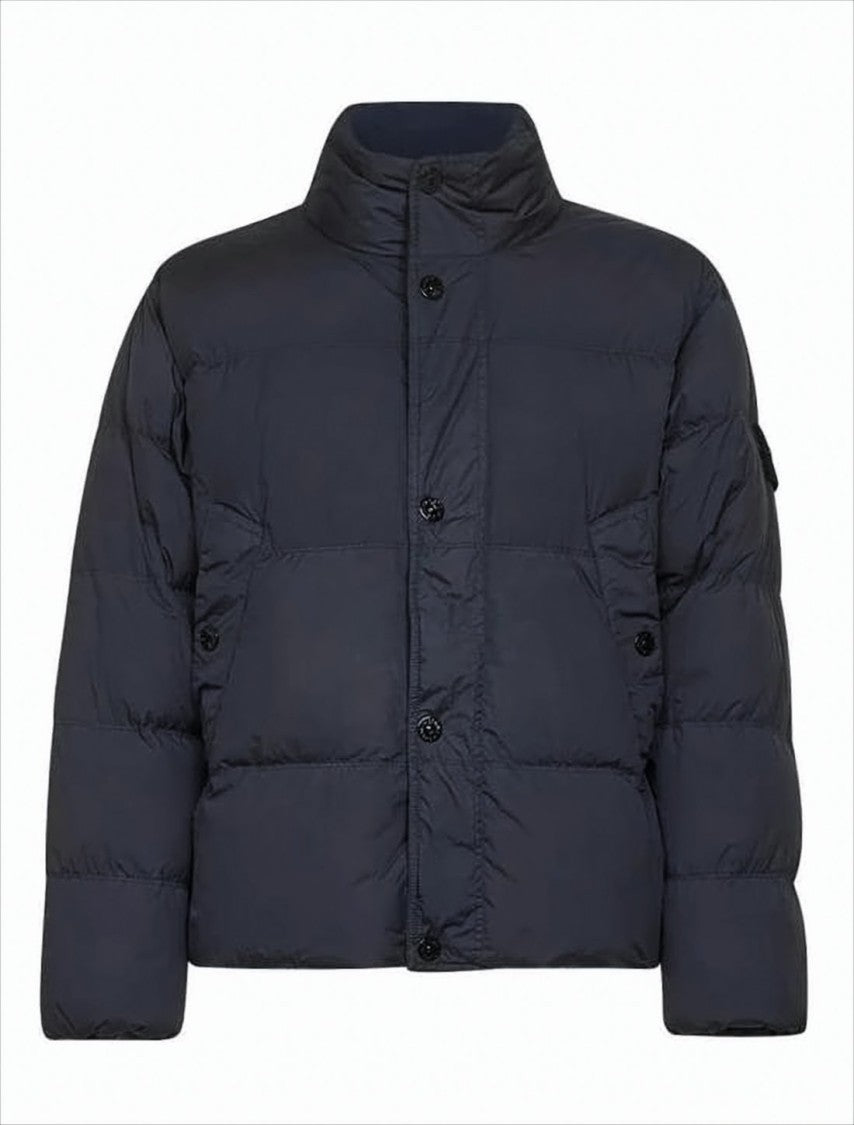 Stone Island Boxy Black Padded Jacket With Horizontal Quilting And Stand Collar