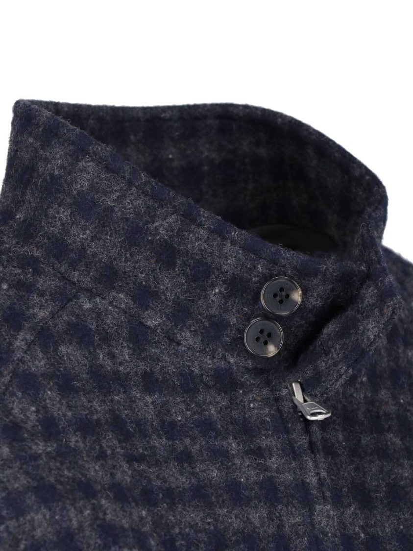 Dunst Blue/Grey Checkered Padded High-Collar Wool Jacket
