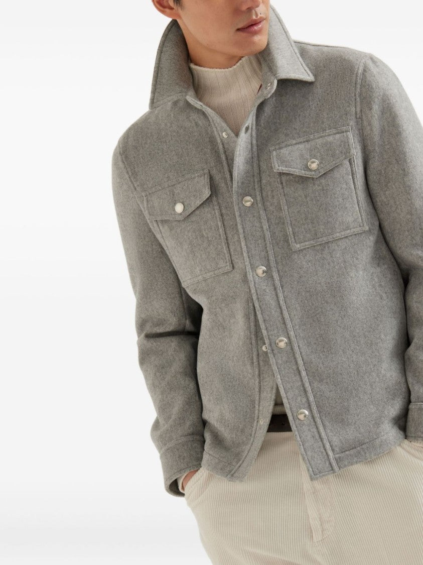 Brunello Cucinelli Grey Cashmere Point Collar Shirt Jacket