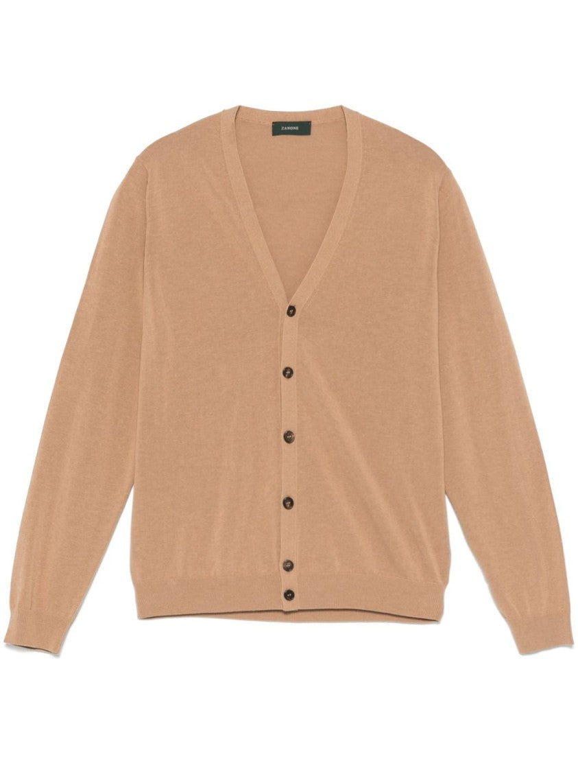Zanone Classic V-Neck Beige Sweater With Button-Down Front