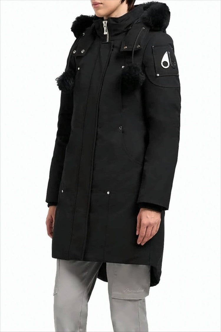 Moose Knuckles Long Black Padded Coat With Detachable Faux Fur Hood