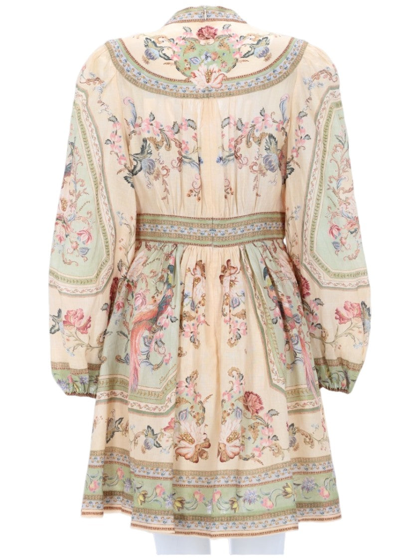 Zimmermann Roselight Pastel Floral Deep V-Neck Linen Mini Dress