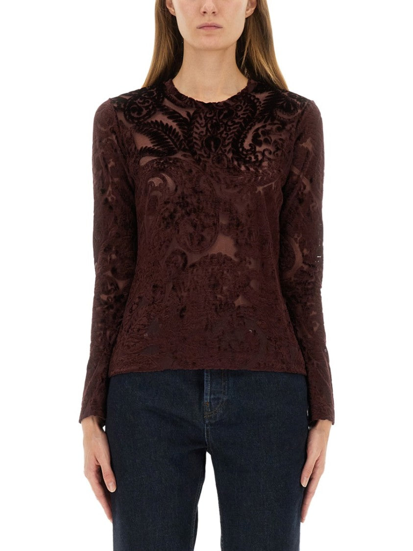 Etro Textured Velvet Long-Sleeve Top With Floral Patterns