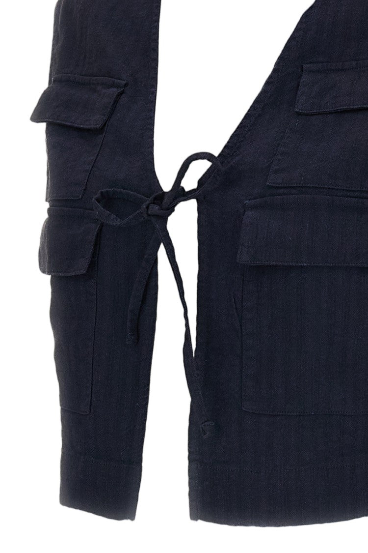 Barena Blue Linen-Blend Herringbone-Effect Gilet