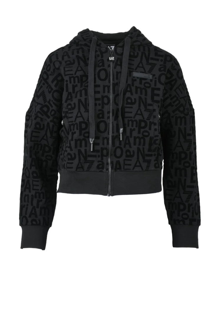 Ea7 Emporio Armani Black Velvet Hooded Sweatshirt
