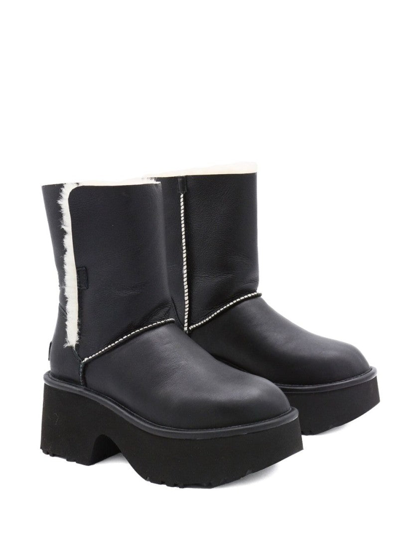 Ugg Fur-Trimmed Black Leather Platform Boots With Block Heel