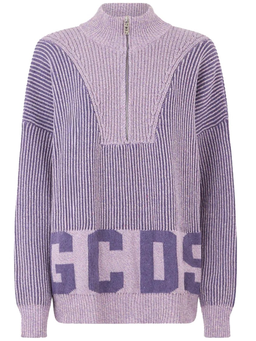 Gcds Ribbed Low Logo Half Zip Cotton Sweater