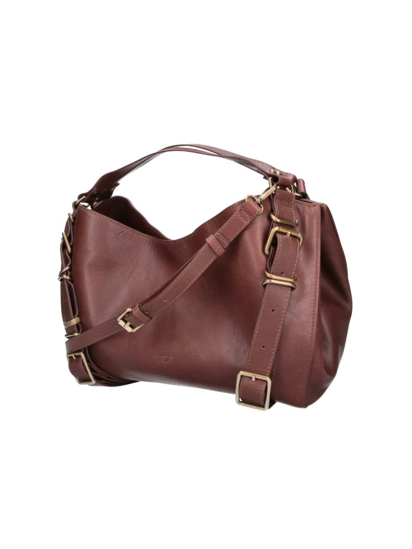 Diesel Medium Brown Leather D-One Handbag With Gold Hardware
