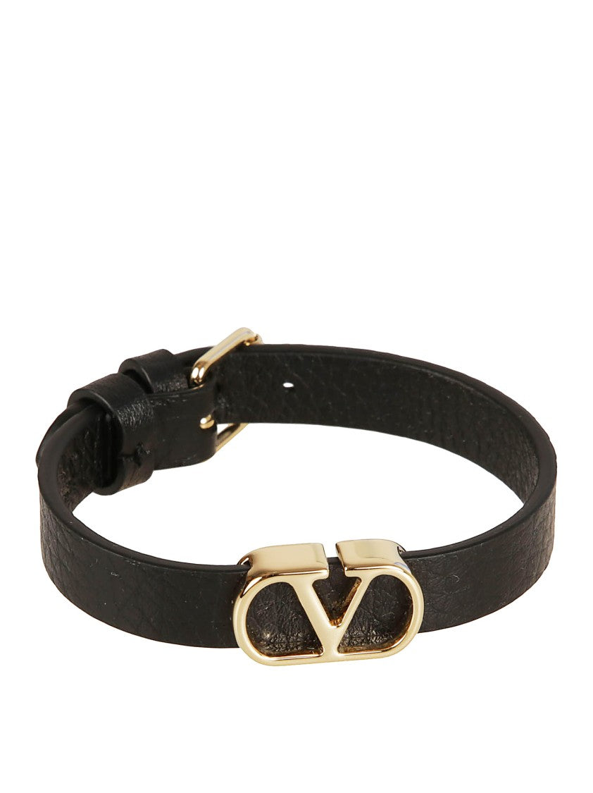 Valentino Garavani Textured Black Leather Bracelet With Vlogo Signature And Adjustable Closure