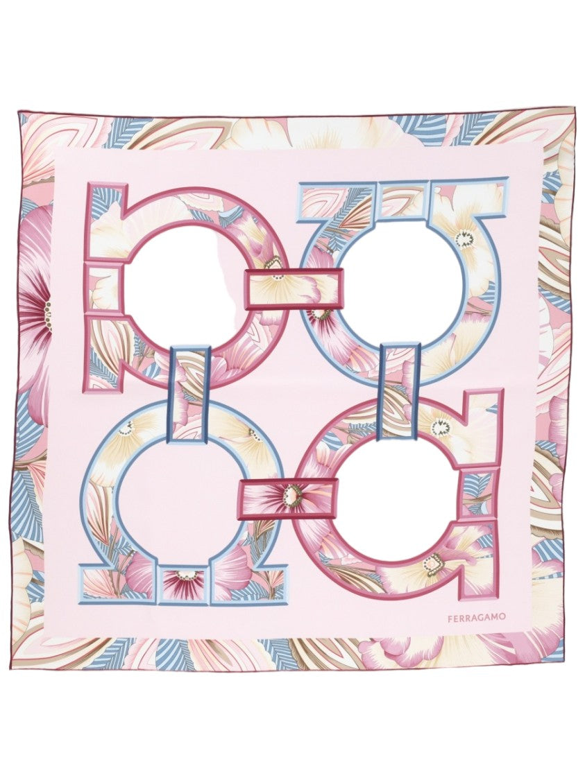 Ferragamo Square Pink Scarf With Geometric Floral Patterns