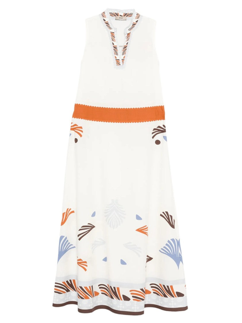 Herno Marine-Print Midi Dress With High Neckline And Drawstring Detail