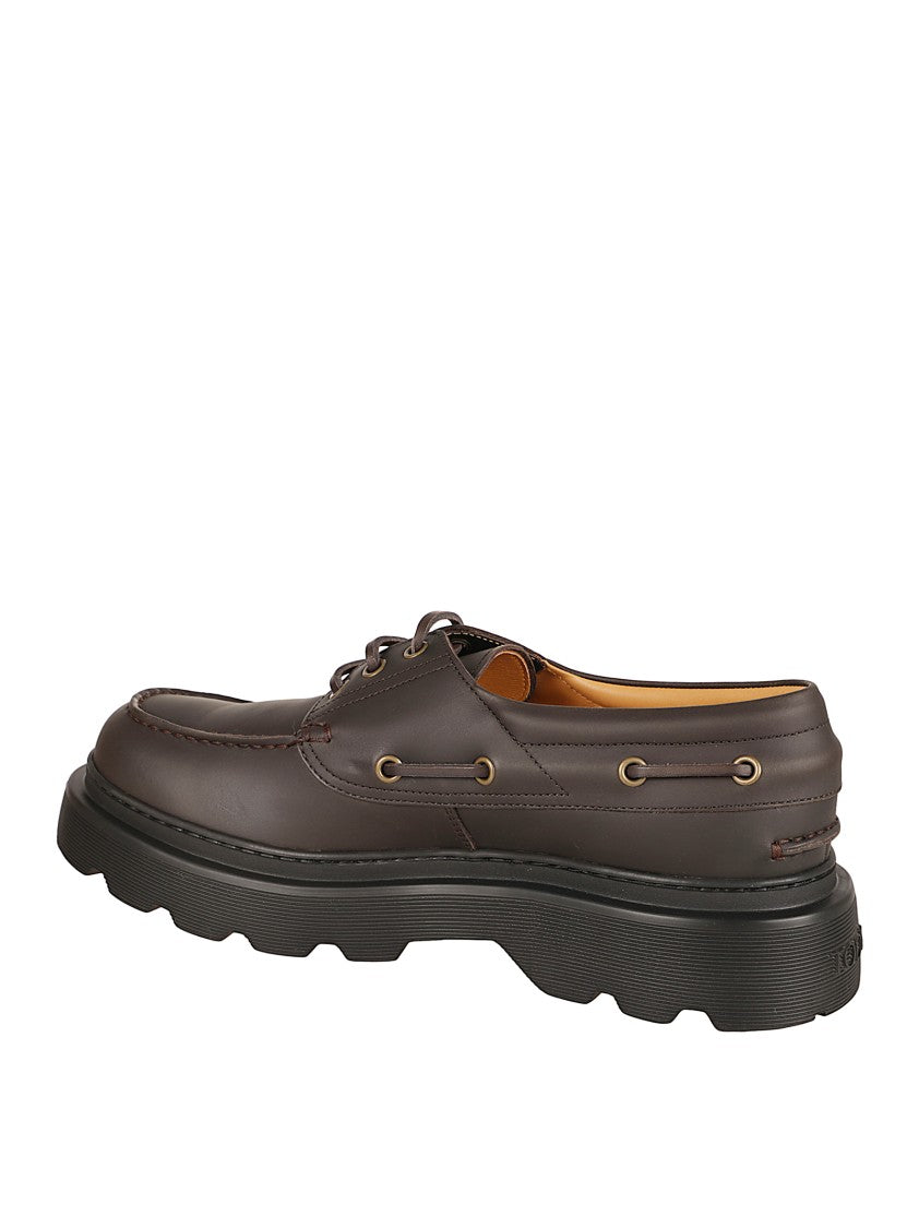 Tod's Brown Calfskin Lace-Up Flat Shoes